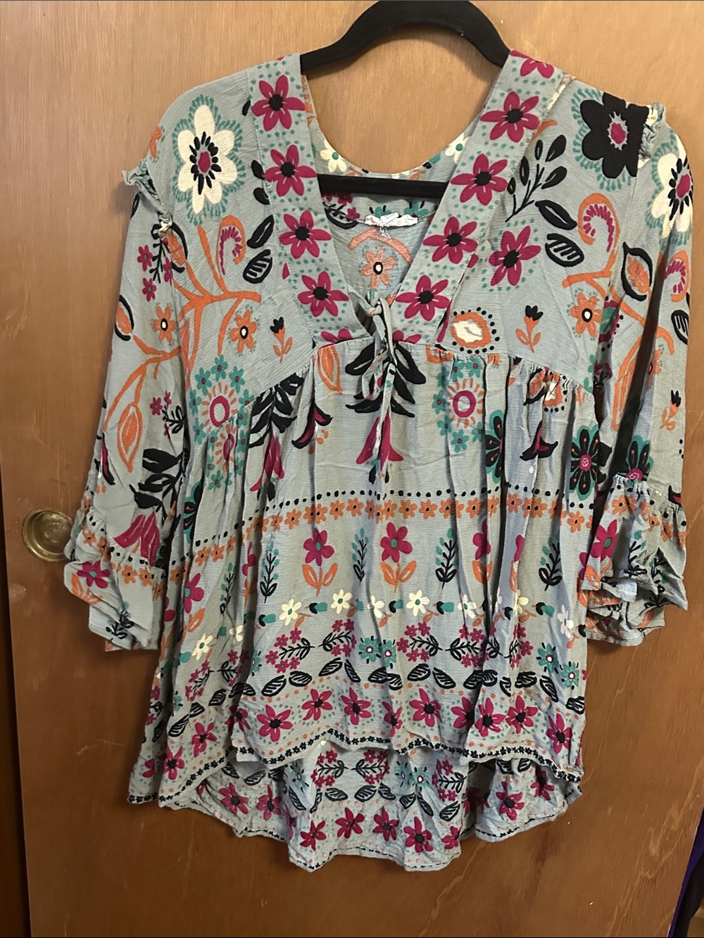Boho Floral V-Neck Tunic Top - Gray with Pink & Orange Accents